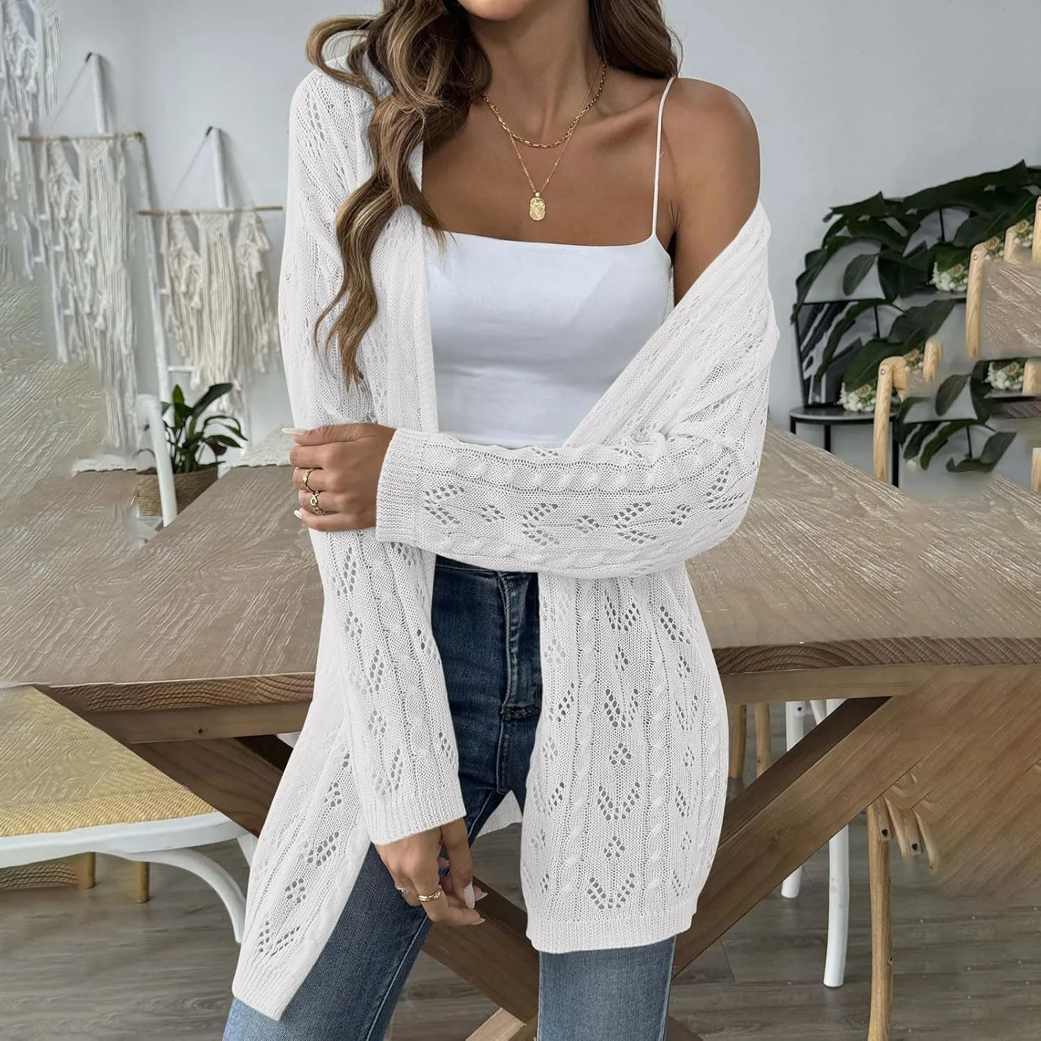Chic Cable Knit Cardigan for Womens Open Front Cardigan Sweaters Fashion Crochet Cable Knit Chunky Outwear Coats