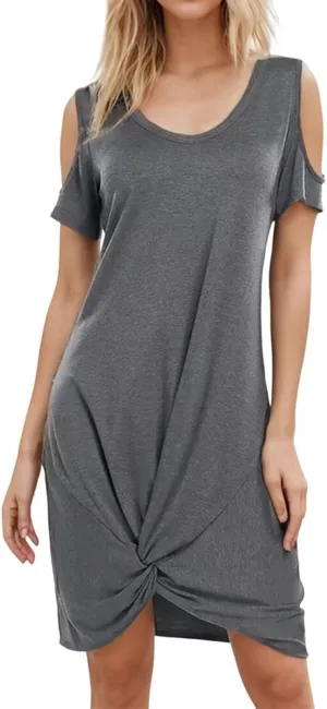 Cold Shoulder Dresses for Women Trendy Boho V Neck Mini Dress Summer Twist Knot Dress Casual Short Sleeve Knot Dress
