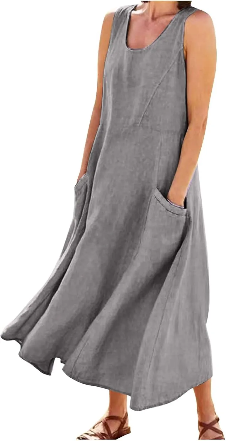Cotton Linen Dresses for Women,Maxi Sleeveless Dresses Summer Casual Print Cotton Linen Sundress with Pockets (S-3XL)