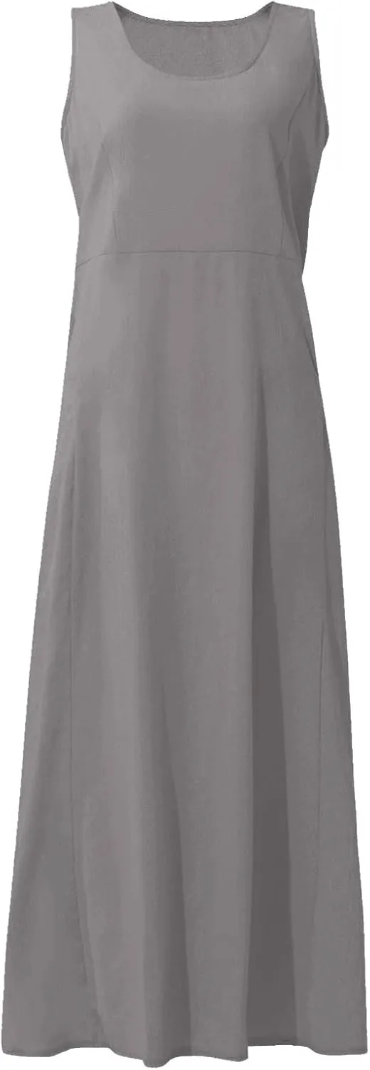Cotton Linen Dresses for Women,Maxi Sleeveless Dresses Summer Casual Print Cotton Linen Sundress with Pockets (S-3XL)