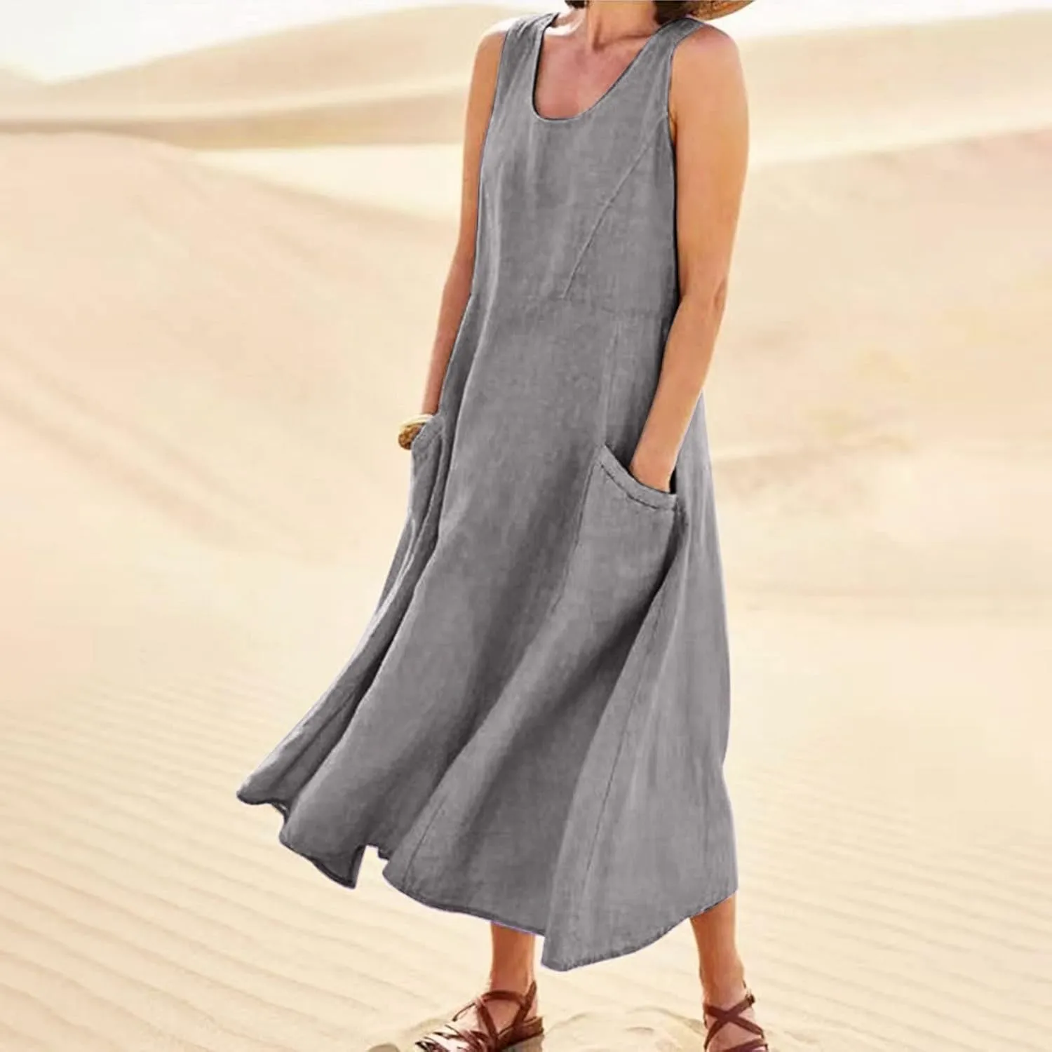 Cotton Linen Dresses for Women,Maxi Sleeveless Dresses Summer Casual Print Cotton Linen Sundress with Pockets (S-3XL)