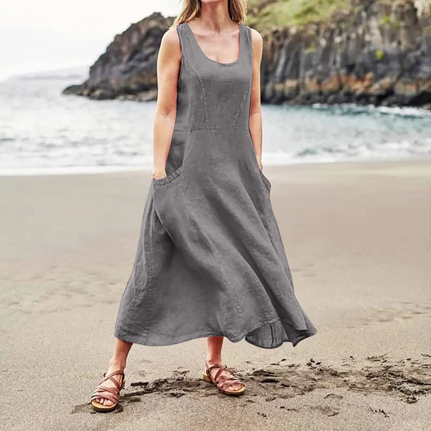 Cotton Linen Dresses for Women,Maxi Sleeveless Dresses Summer Casual Print Cotton Linen Sundress with Pockets (S-3XL)