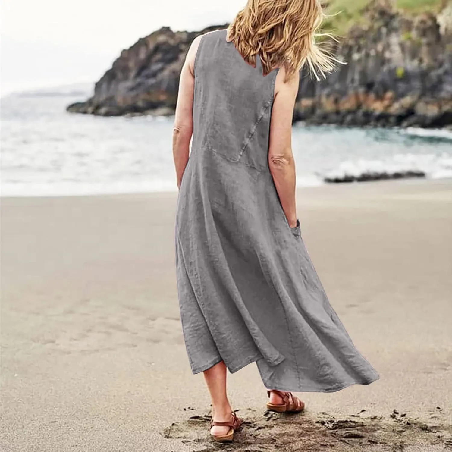 Cotton Linen Dresses for Women,Maxi Sleeveless Dresses Summer Casual Print Cotton Linen Sundress with Pockets (S-3XL)