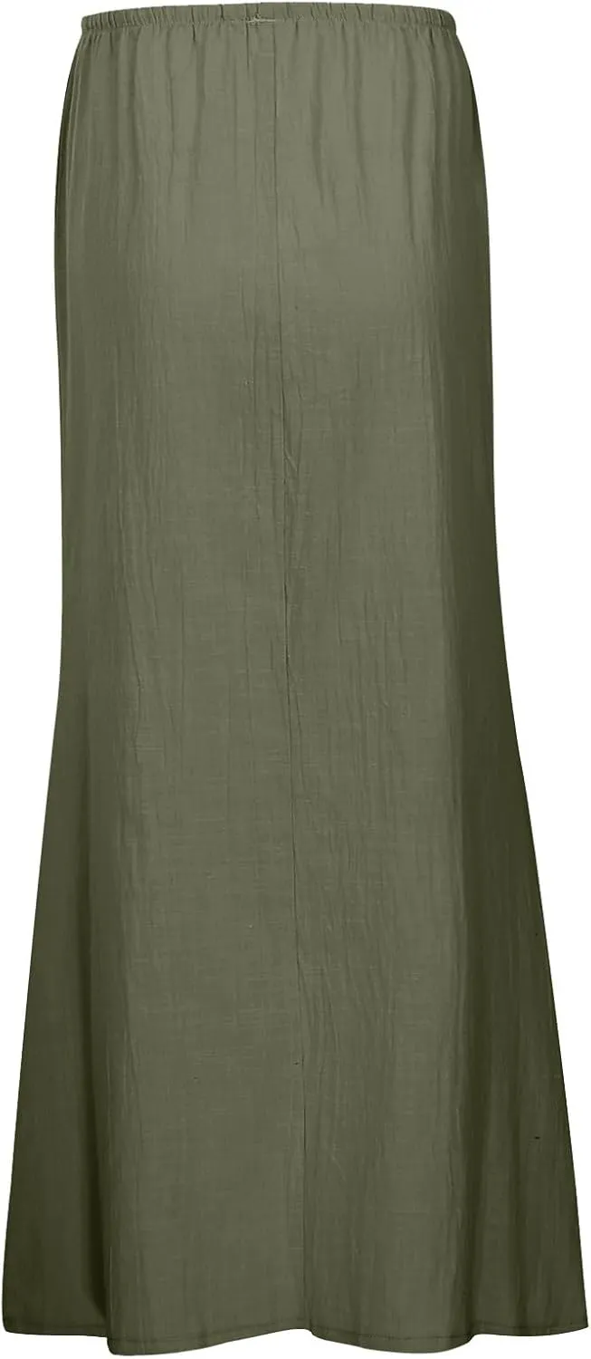 Cotton Linen Maxi Skirts for Women 2025 Summer Drawstring Low Rise A-Line Skirts Casual Loose Flowy Long Beach Skirt