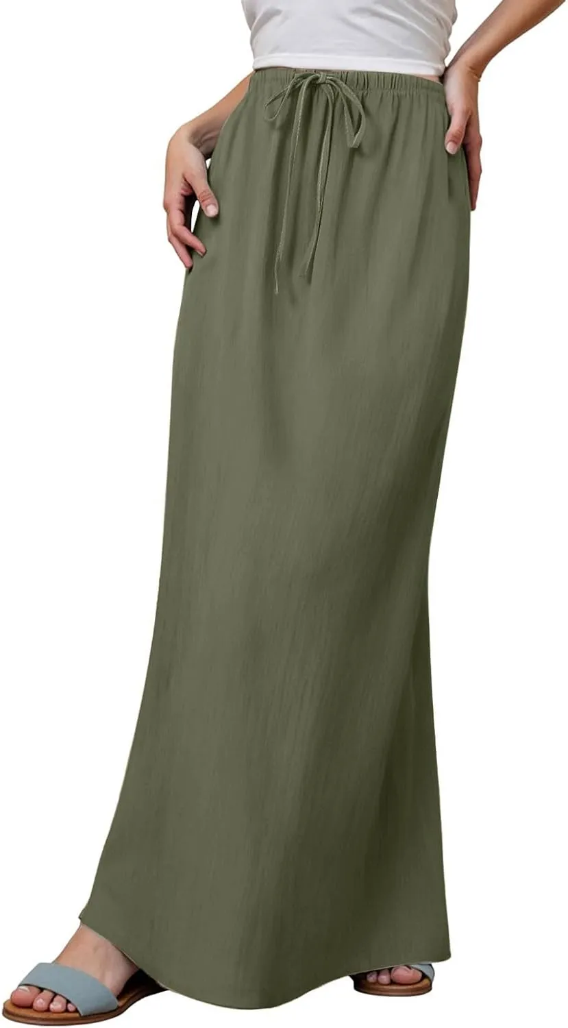 Cotton Linen Maxi Skirts for Women 2025 Summer Drawstring Low Rise A-Line Skirts Casual Loose Flowy Long Beach Skirt