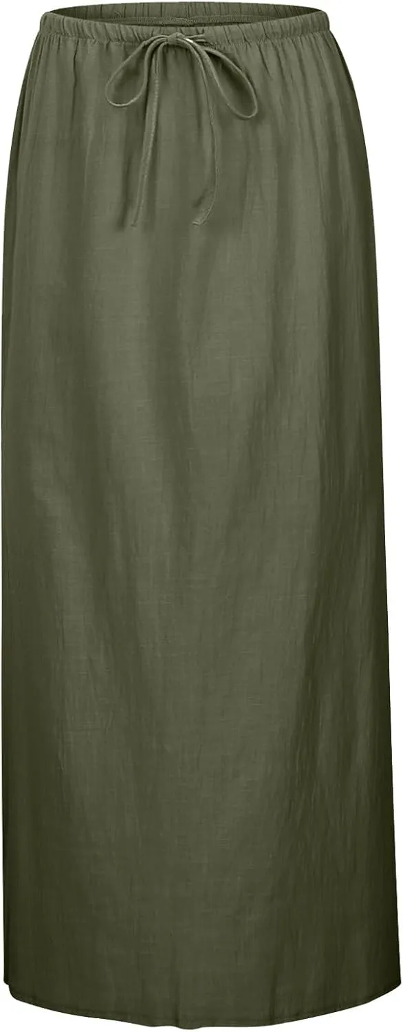 Cotton Linen Maxi Skirts for Women 2025 Summer Drawstring Low Rise A-Line Skirts Casual Loose Flowy Long Beach Skirt