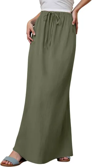 Cotton Linen Maxi Skirts for Women 2025 Summer Drawstring Low Rise A-Line Skirts Casual Loose Flowy Long Beach Skirt