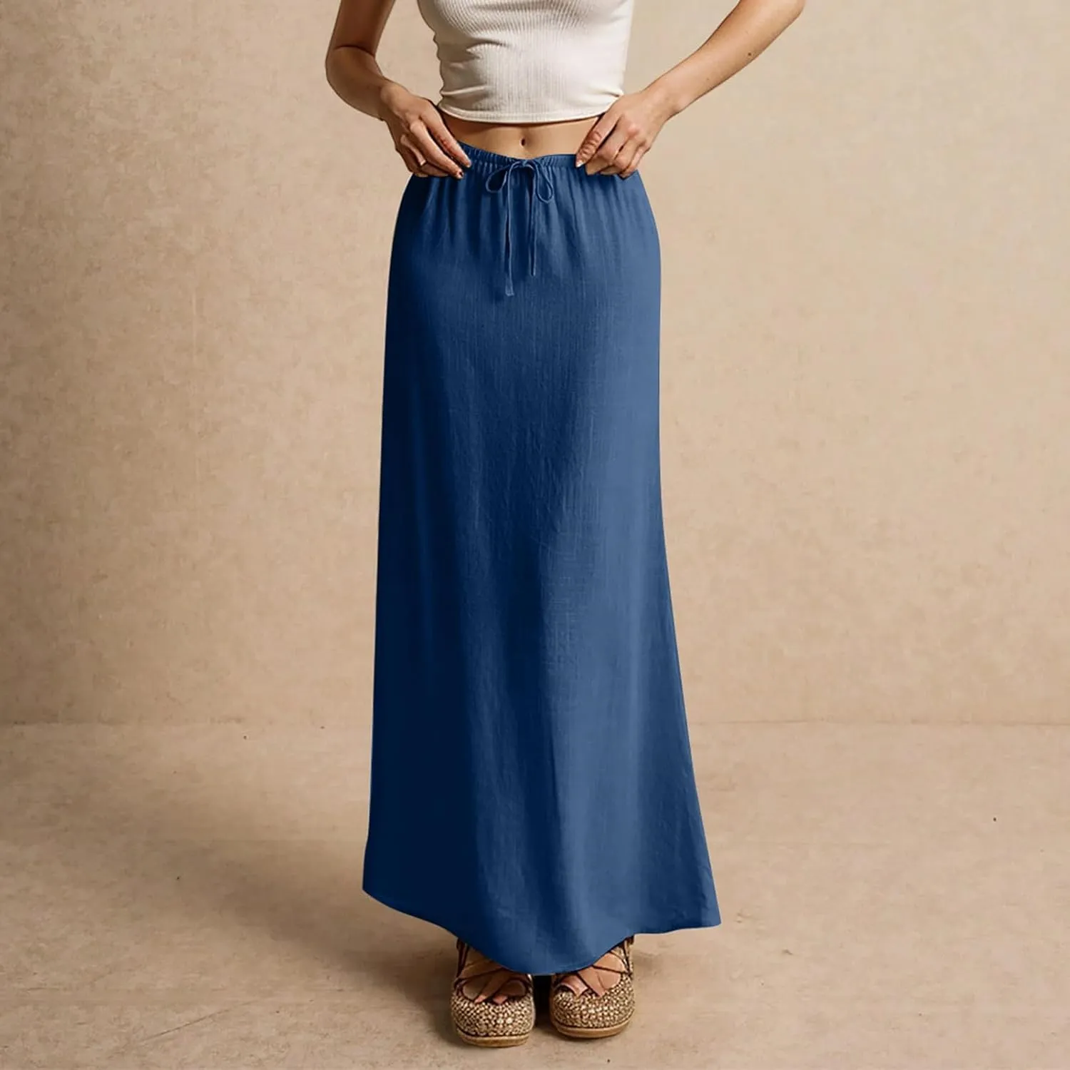 Cotton Linen Maxi Skirts for Women Summer Casual Drawstring Waist A Line Skirts Boho Long Flowy Skirt