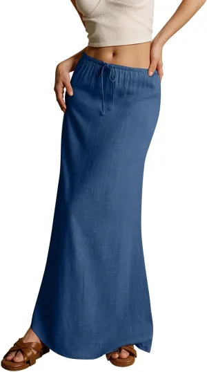 Cotton Linen Maxi Skirts for Women Summer Casual Drawstring Waist A Line Skirts Boho Long Flowy Skirt