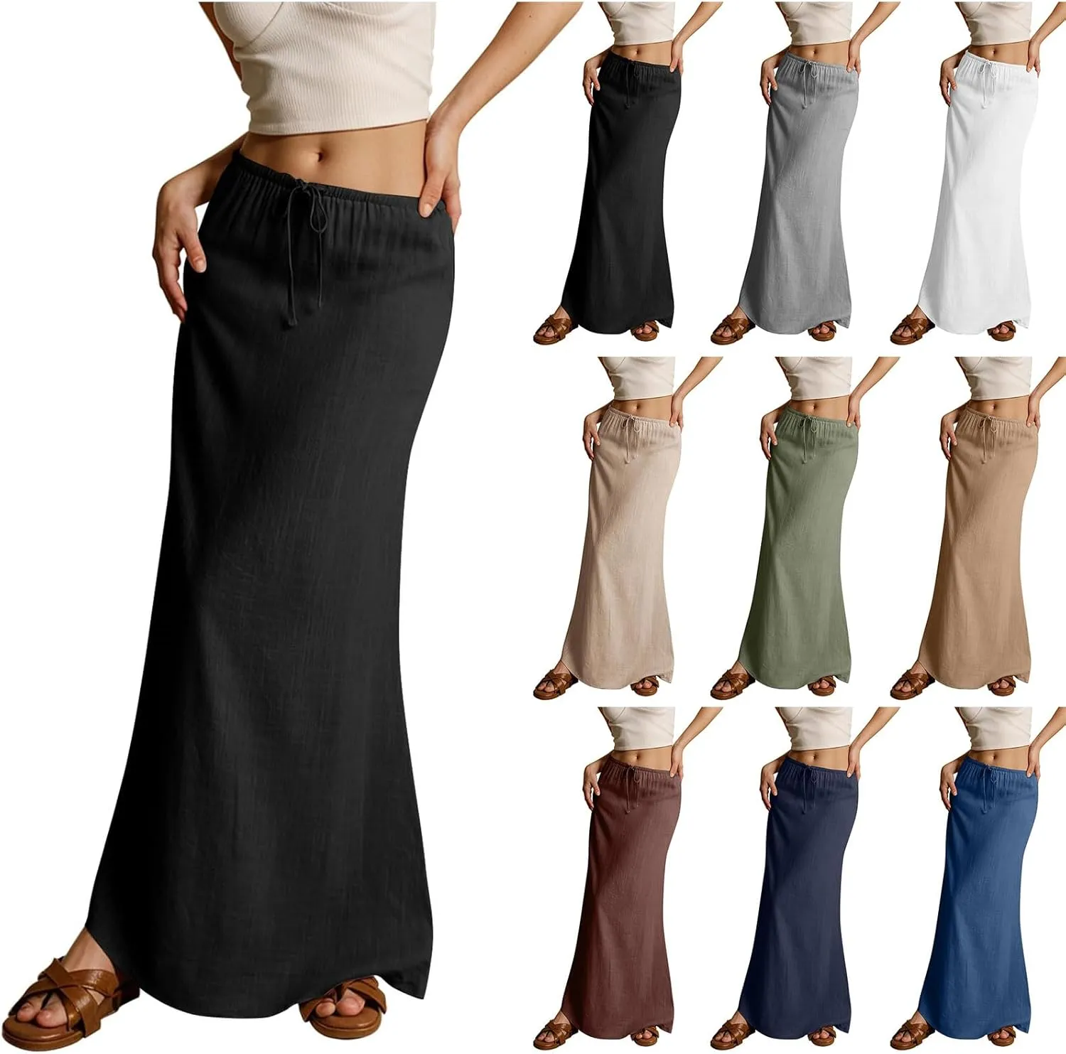 Cotton Linen Maxi Skirts for Women Summer Casual Drawstring Waist A Line Skirts Boho Long Flowy Skirt