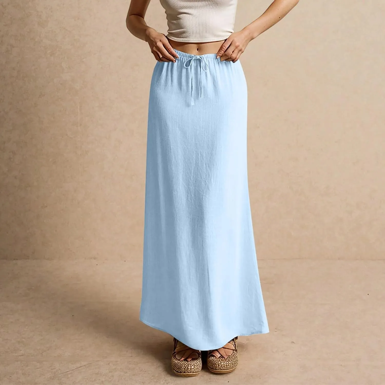 Cotton Linen Skirts for Women Maxi Length Summer Skirts Drawstring Low Rise A-Line Casual Loose Flowy Long Beach Skirt