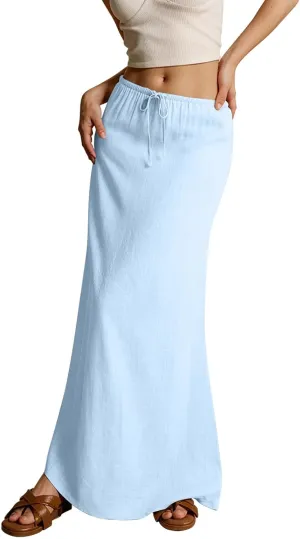 Cotton Linen Skirts for Women Maxi Length Summer Skirts Drawstring Low Rise A-Line Casual Loose Flowy Long Beach Skirt