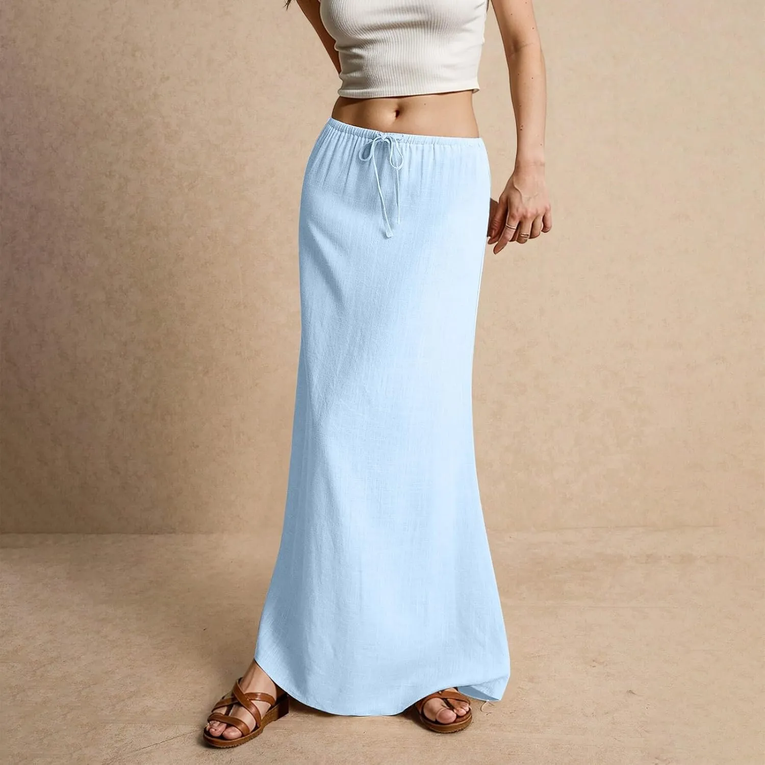 Cotton Linen Skirts for Women Maxi Length Summer Skirts Drawstring Low Rise A-Line Casual Loose Flowy Long Beach Skirt