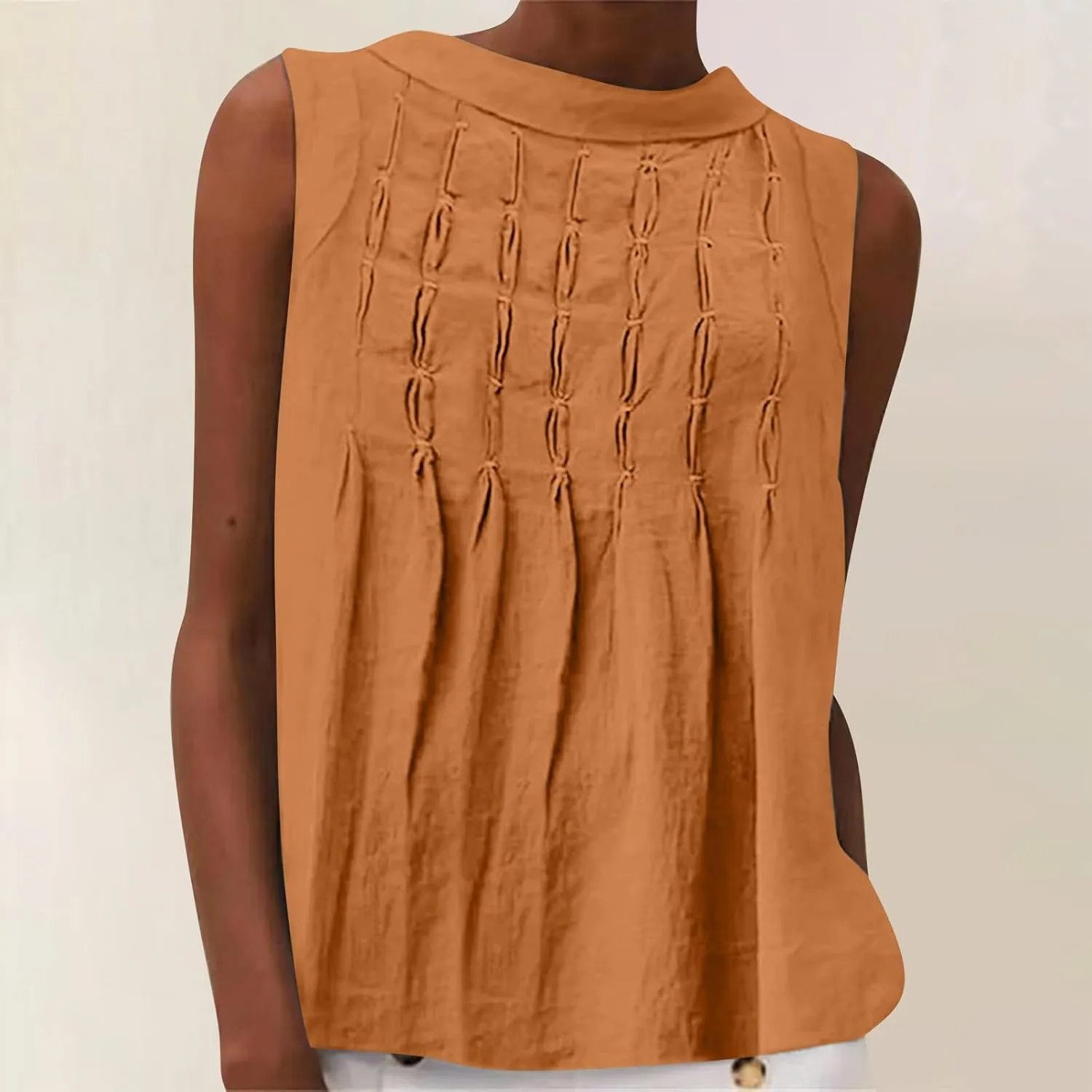 Cotton Linen Tank Tops for Women Casual Pleated Crewneck Sleeveless Summer Tank Shirts 2025 Solid Beach Dressy Vest