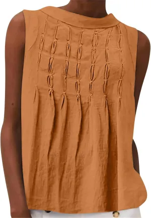 Cotton Linen Tank Tops for Women Casual Pleated Crewneck Sleeveless Summer Tank Shirts 2025 Solid Beach Dressy Vest