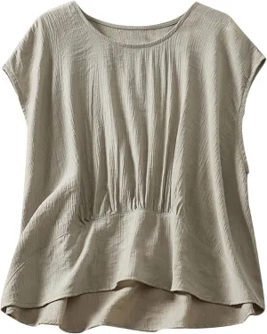Cotton Linen Tank Tops for Women Vintage Pleated Crewneck Solid Color Cropped Tank Sleeveless Loose Trendy Camisole