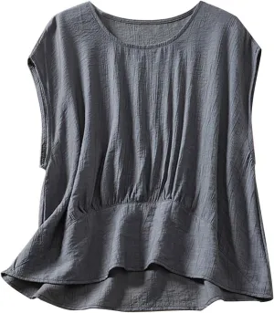 Cotton Linen Tank Tops for Women Vintage Pleated Crewneck Solid Color Cropped Tank Sleeveless Loose Trendy Camisole