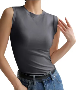 Cotton Tank Tops for Women Summer Sleeveless Crew Neck Solid Color Shirt Casual Basic Solid Color Slim Fitted Blouse