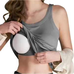 Cotton Tank Tops with Built in Bra for Women Summer Basic Workout Undershirt Solid Color Fashion Yoga Blouse Tees