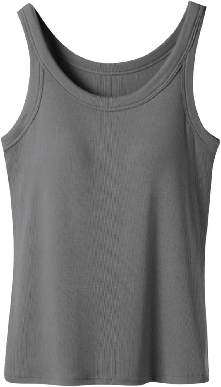Cotton Tank Tops with Built in Bra for Women Summer Basic Workout Undershirt Solid Color Fashion Yoga Blouse Tees