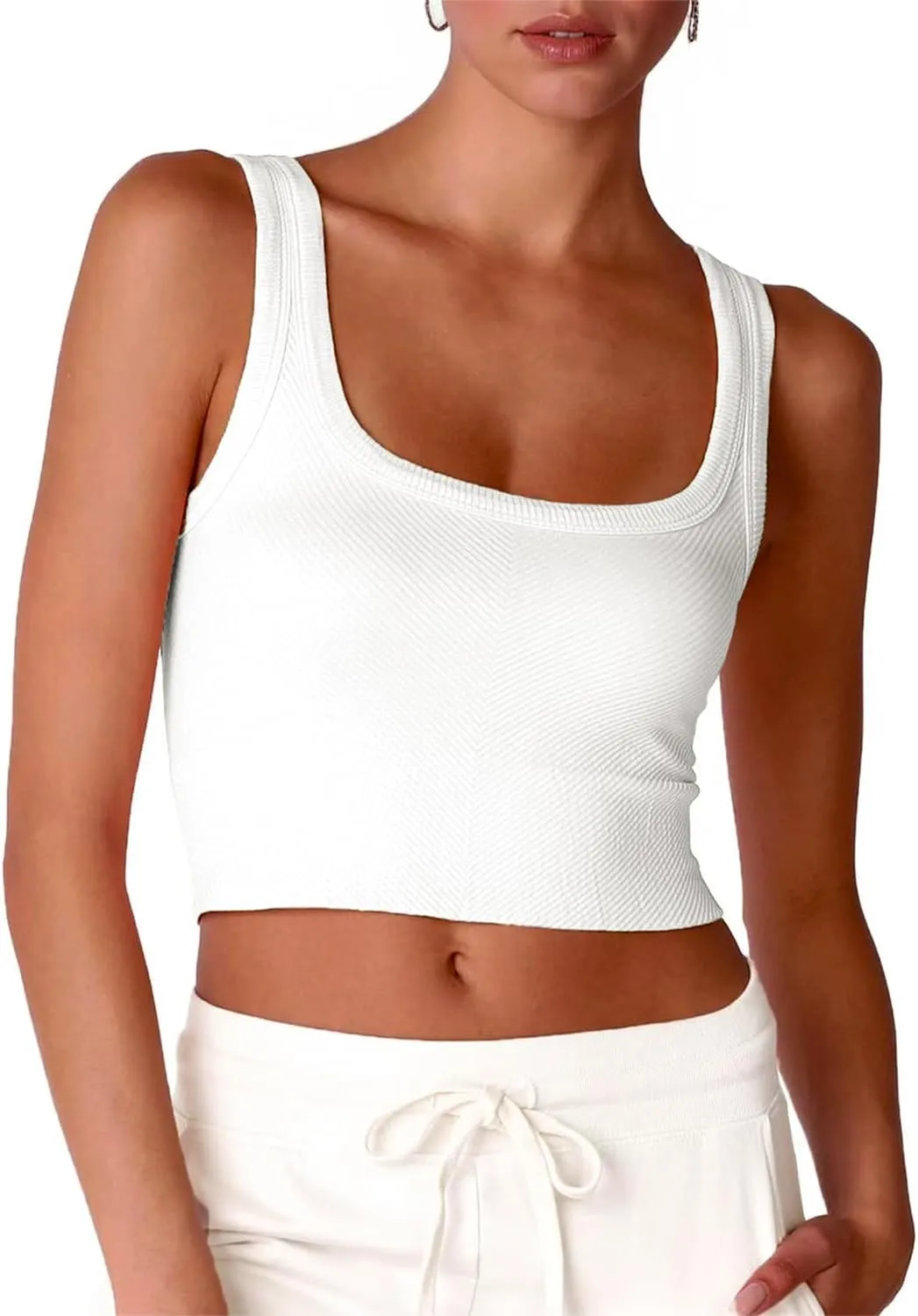 CYVESOULA Tank Top for Women Scoop Neck Sleeveless Crop Tops Chevron Ribbed Knit Crop Tank Top Fitted Soft Basic Cropped Tank