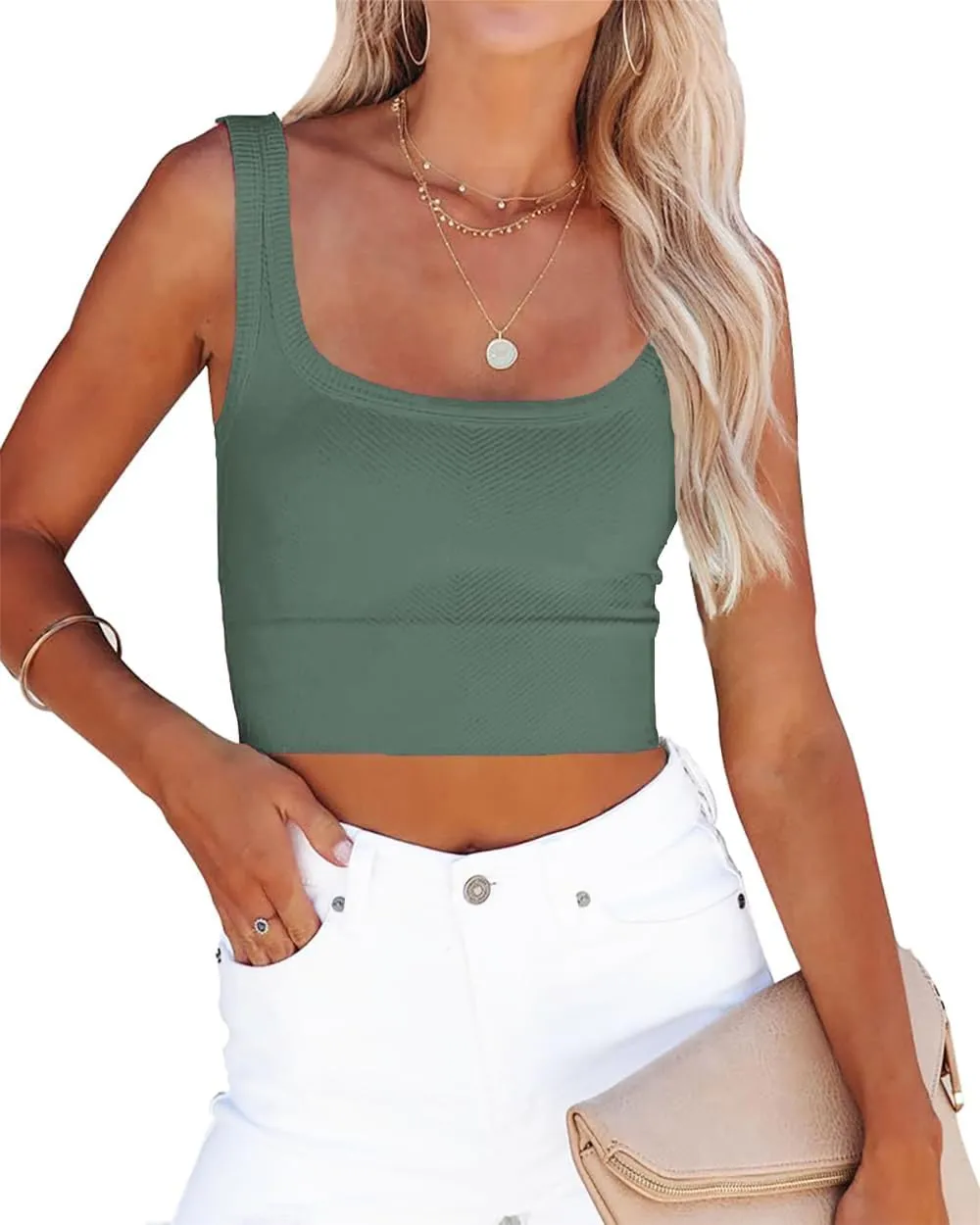 CYVESOULA Tank Top for Women Scoop Neck Sleeveless Crop Tops Chevron Ribbed Knit Crop Tank Top Fitted Soft Basic Cropped Tank