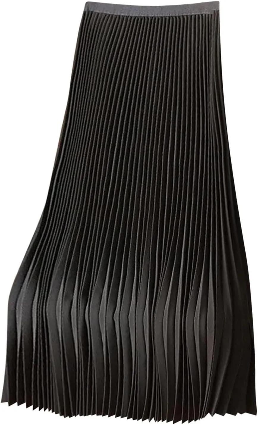 DDAPJ pyju Women's Pleated Maxi Skirt Satin Metallic Accordion Skirts Plus Size Casual High Waist Flowy A-Line Long Skirt