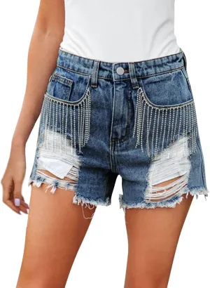 Denim Shorts Women Womens Mid-High Waisted Ripped Pocket Denim Jeans Shorts Cutoff Stretchy Summer Hot Short Pants