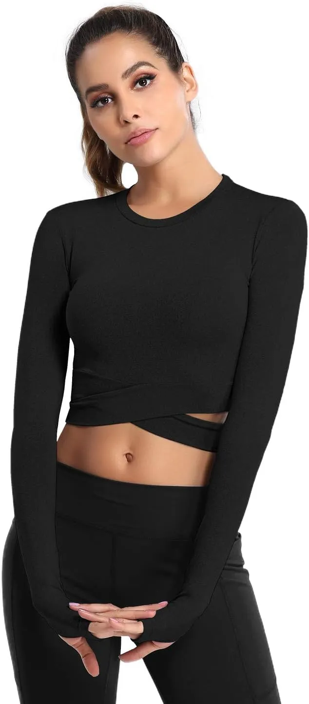 DREAM SLIM Short Sleeve Crop Tops for Women Tummy Cross Fitted Yoga Running Shirts Gym Workout Cropped Tank Tops