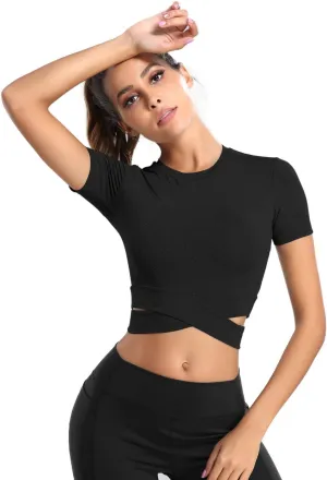 DREAM SLIM Short Sleeve Crop Tops for Women Tummy Cross Fitted Yoga Running Shirts Gym Workout Cropped Tank Tops