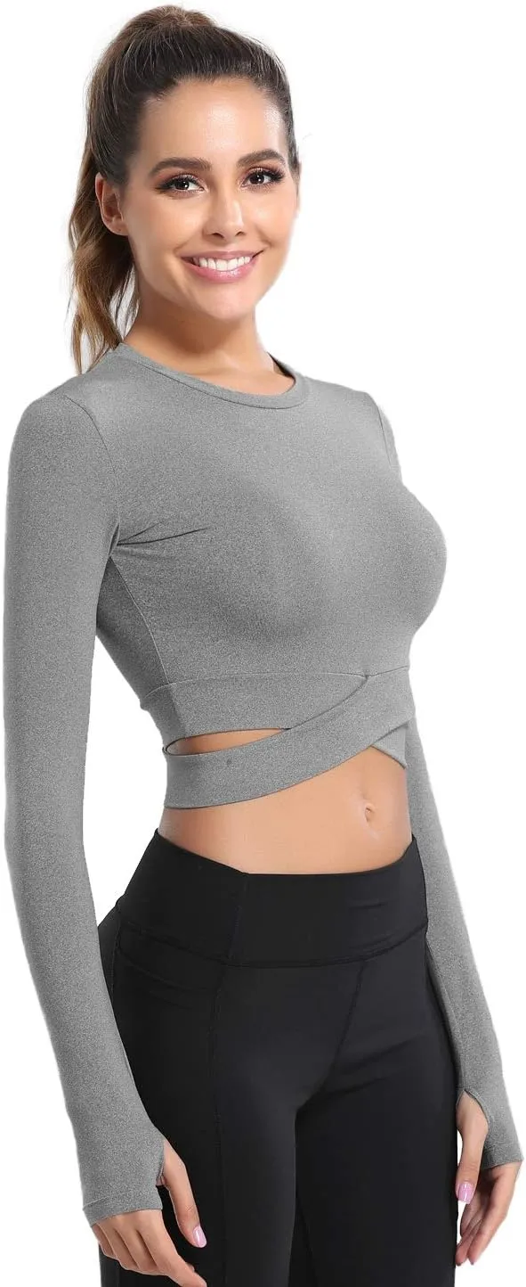 DREAM SLIM Short Sleeve Crop Tops for Women Tummy Cross Fitted Yoga Running Shirts Gym Workout Cropped Tank Tops