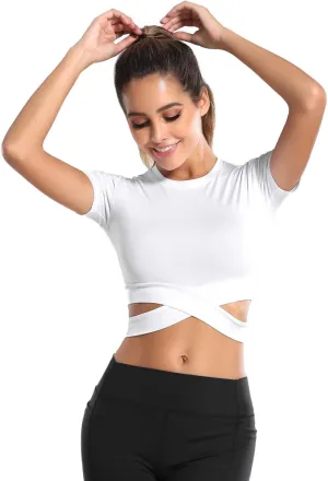 DREAM SLIM Short Sleeve Crop Tops for Women Tummy Cross Fitted Yoga Running Shirts Gym Workout Cropped Tank Tops