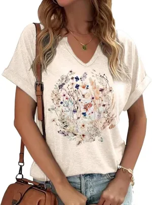 Earlymemb Womens Vintage Flowers V Neck Shirt Boho Floral Wildflowers Graphic Tee Casual Cottagecore Short Sleeve T Shirt