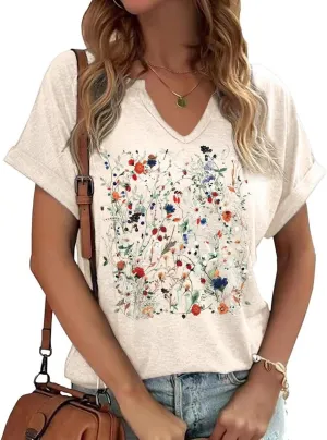 Earlymemb Womens Vintage Flowers V Neck Shirt Boho Floral Wildflowers Graphic Tee Casual Cottagecore Short Sleeve T Shirt
