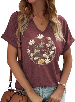 Earlymemb Womens Vintage Flowers V Neck Shirt Boho Floral Wildflowers Graphic Tee Casual Cottagecore Short Sleeve T Shirt