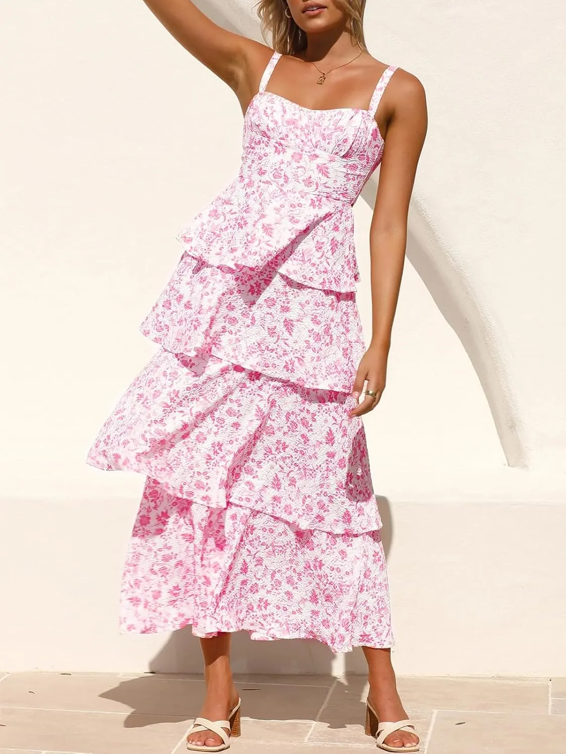 Fisoew Womens Floral Maxi Dresses Spaghetti Strap Casual Sleeveless Ruffle Flowy Tiered Dress
