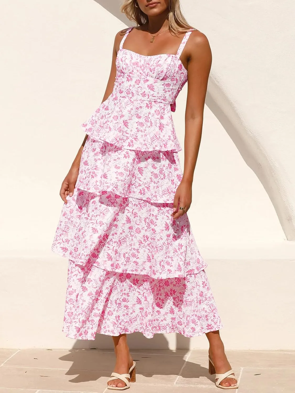 Fisoew Womens Floral Maxi Dresses Spaghetti Strap Casual Sleeveless Ruffle Flowy Tiered Dress