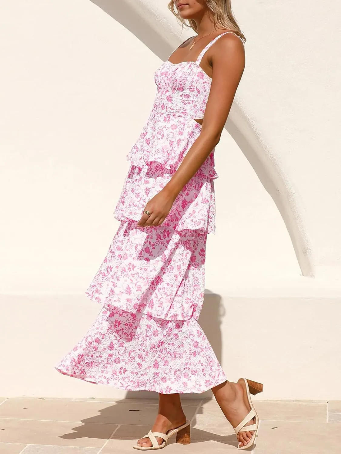 Fisoew Womens Floral Maxi Dresses Spaghetti Strap Casual Sleeveless Ruffle Flowy Tiered Dress