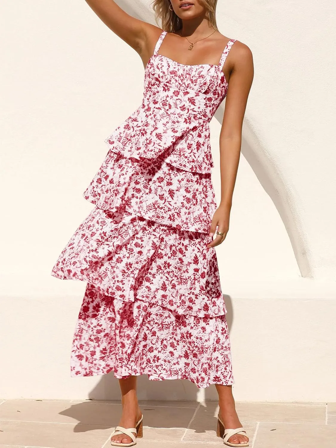 Fisoew Womens Floral Maxi Dresses Spaghetti Strap Casual Sleeveless Ruffle Flowy Tiered Dress