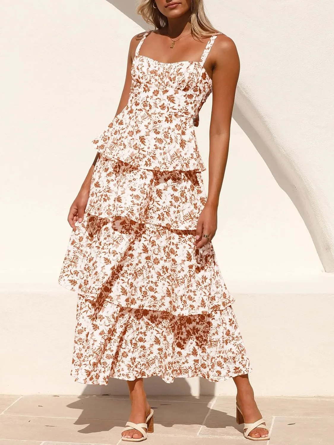 Fisoew Womens Floral Maxi Dresses Spaghetti Strap Casual Sleeveless Ruffle Flowy Tiered Dress