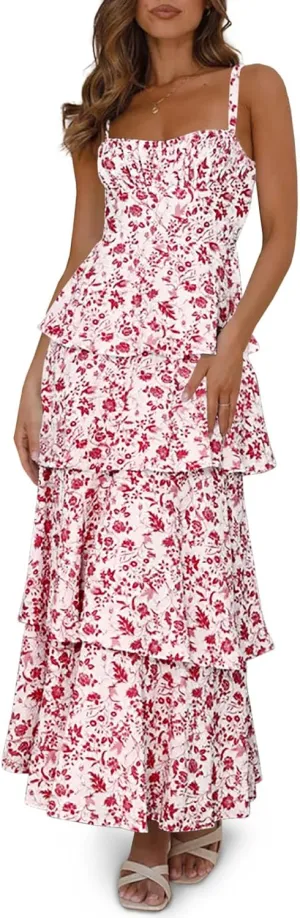 Fisoew Womens Floral Maxi Dresses Spaghetti Strap Casual Sleeveless Ruffle Flowy Tiered Dress