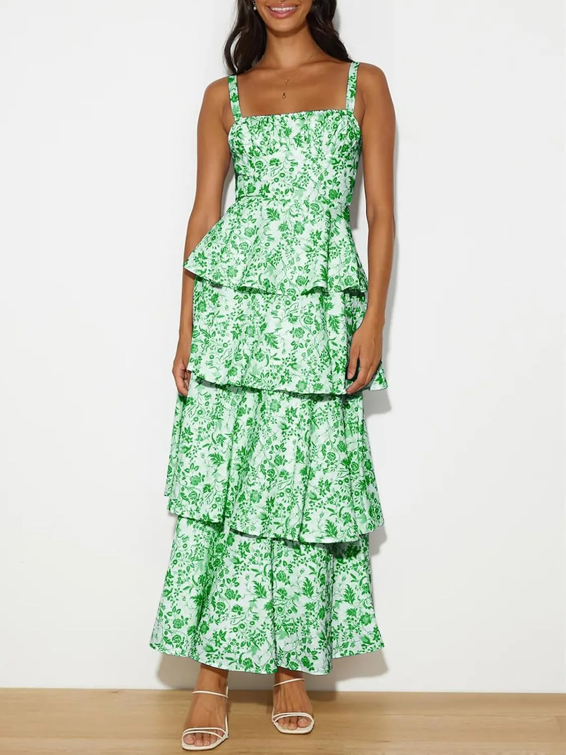 Fisoew Womens Floral Maxi Dresses Spaghetti Strap Casual Sleeveless Ruffle Flowy Tiered Dress