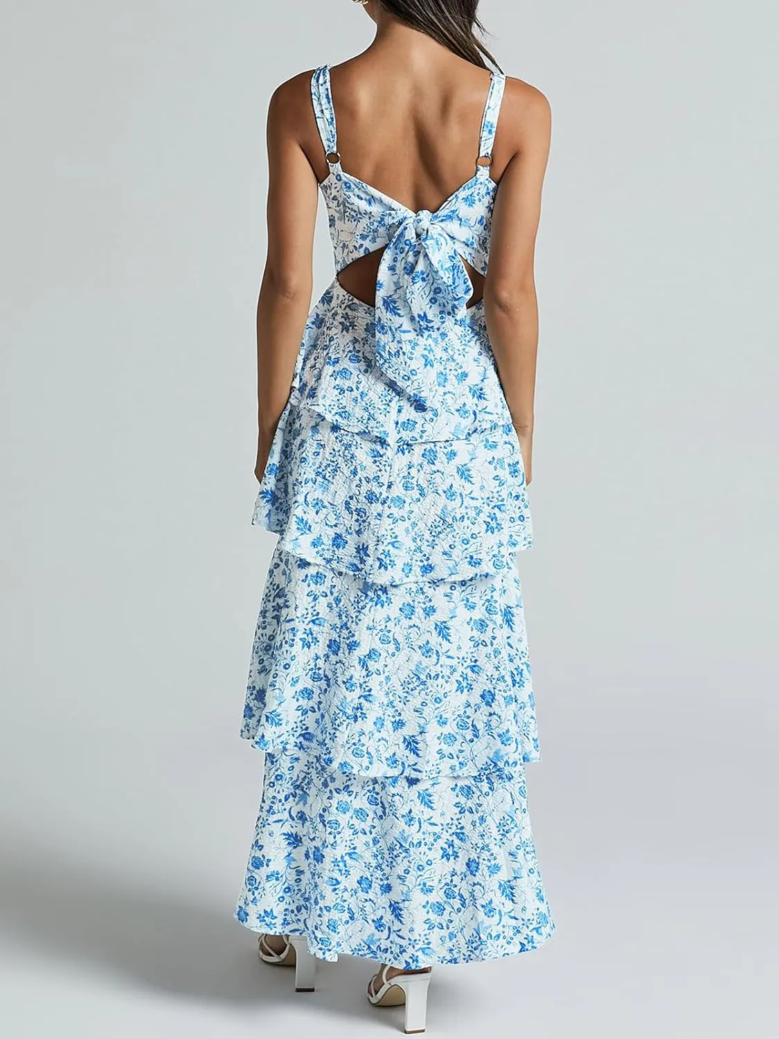 Fisoew Womens Floral Maxi Dresses Spaghetti Strap Casual Sleeveless Ruffle Flowy Tiered Dress