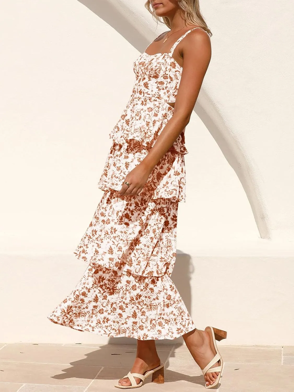 Fisoew Womens Floral Maxi Dresses Spaghetti Strap Casual Sleeveless Ruffle Flowy Tiered Dress