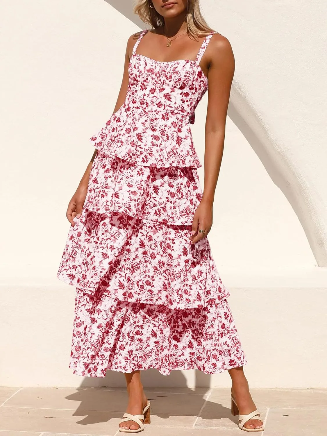 Fisoew Womens Floral Maxi Dresses Spaghetti Strap Casual Sleeveless Ruffle Flowy Tiered Dress
