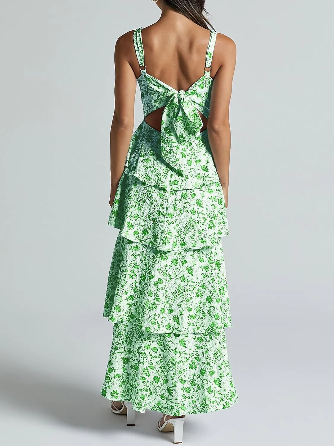Fisoew Womens Floral Maxi Dresses Spaghetti Strap Casual Sleeveless Ruffle Flowy Tiered Dress