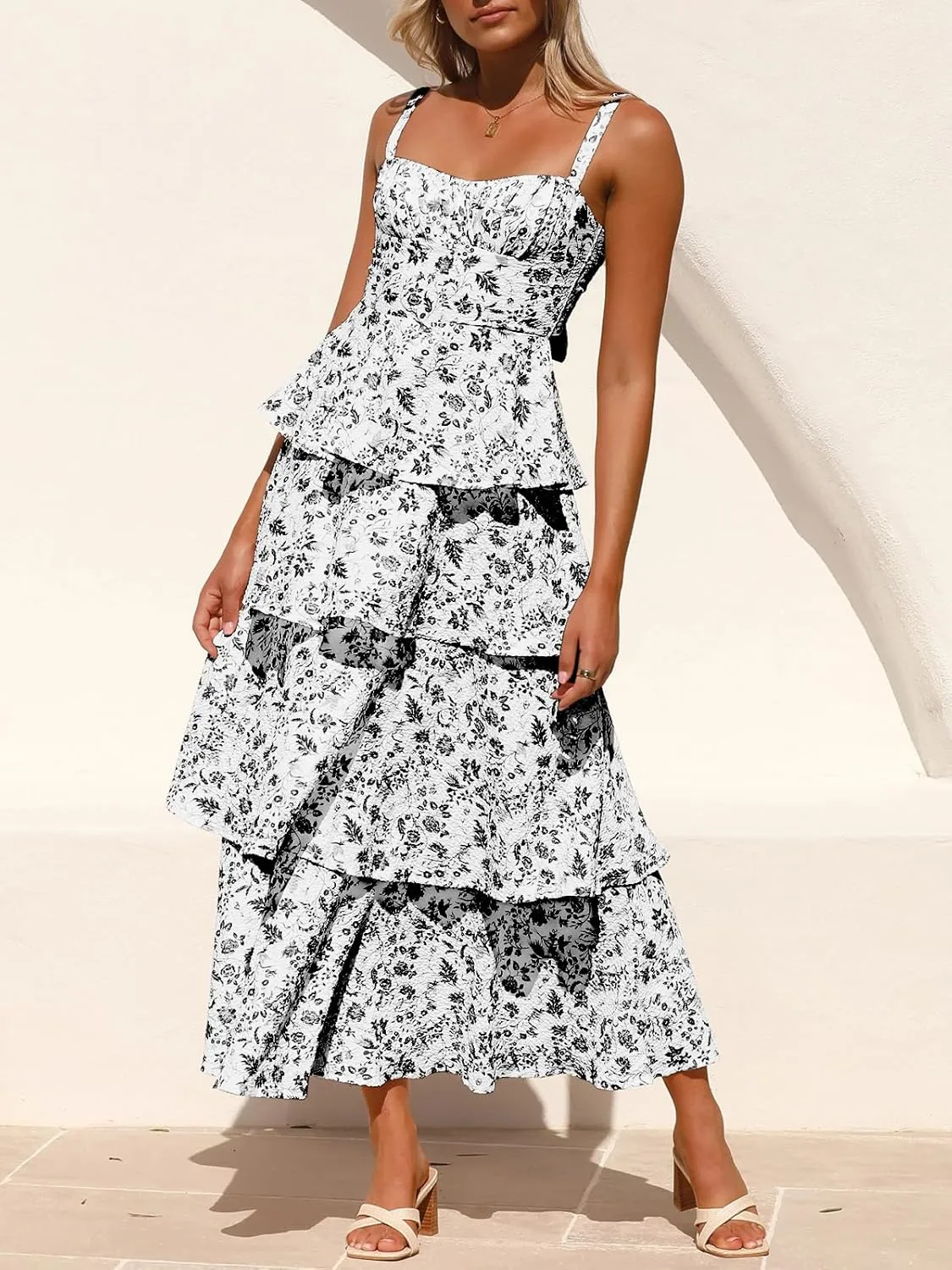 Fisoew Womens Floral Maxi Dresses Spaghetti Strap Casual Sleeveless Ruffle Flowy Tiered Dress
