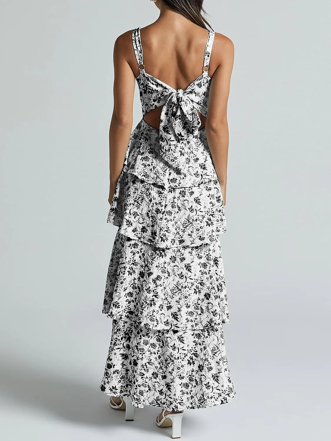 Fisoew Womens Floral Maxi Dresses Spaghetti Strap Casual Sleeveless Ruffle Flowy Tiered Dress