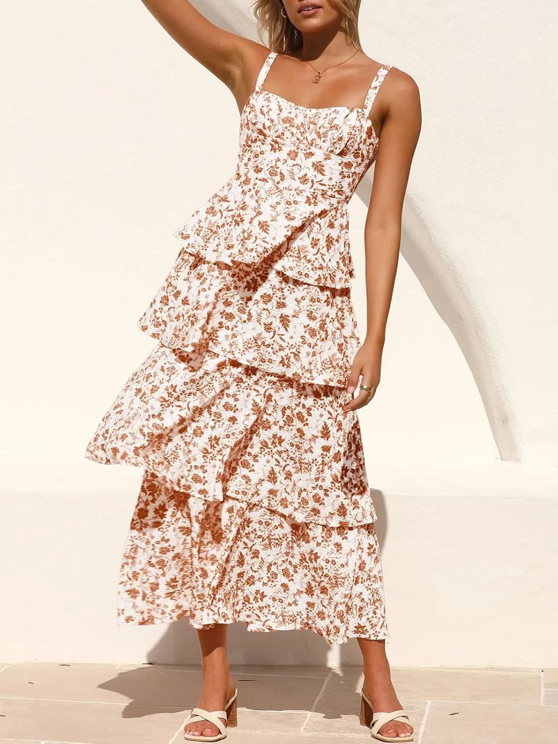 Fisoew Womens Floral Maxi Dresses Spaghetti Strap Casual Sleeveless Ruffle Flowy Tiered Dress