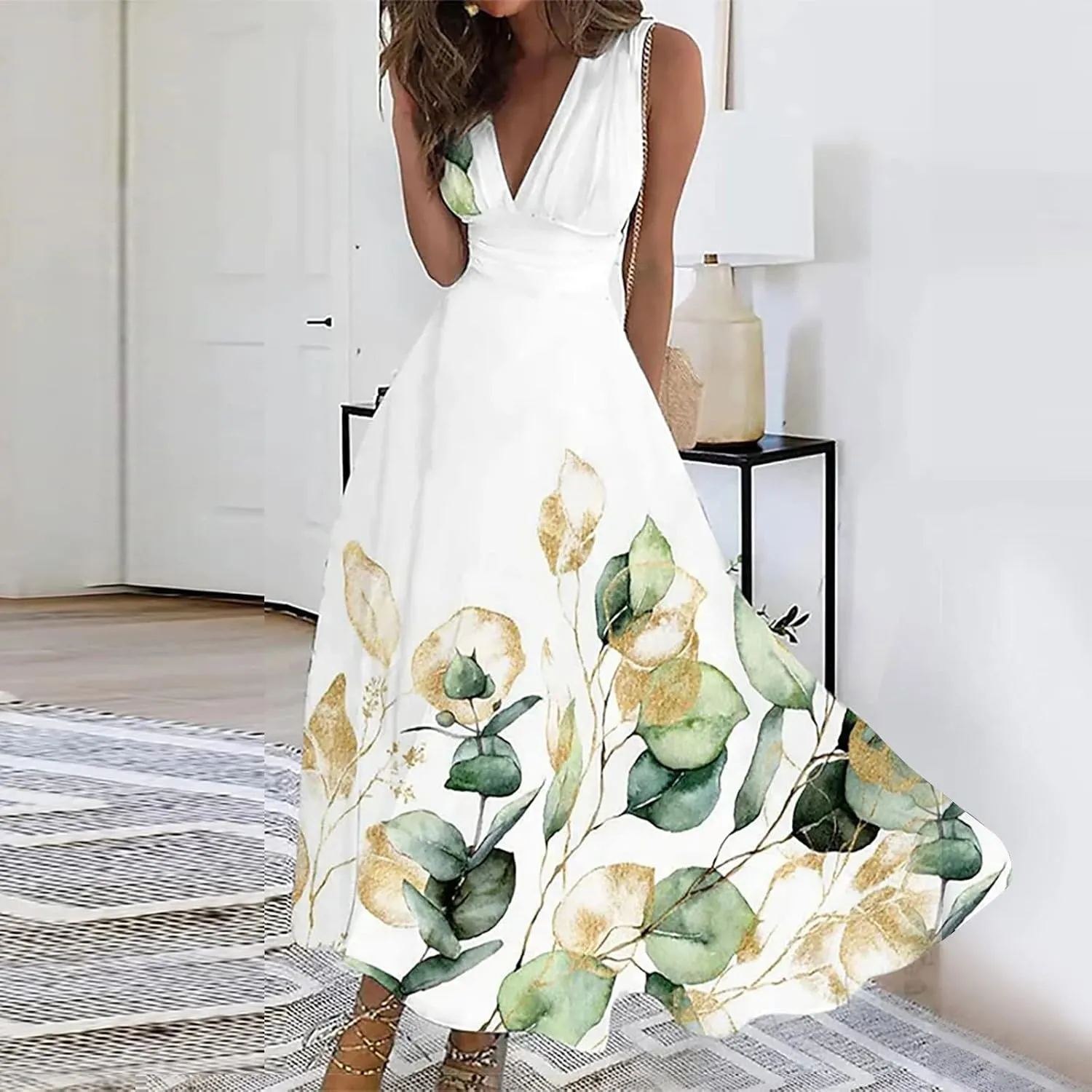 FlekmanArt Womens Dresses Sleeveless Wrap V Neck Beach Dress Flowy Ruched Floral Print Maxi Dress Trendy Boho Dress